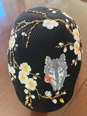 Black Embroidered Wolf & Floral Mesh Baseball Cap